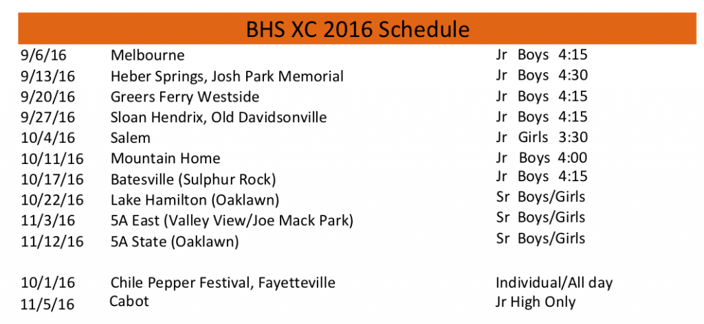 2016 BHS Pioneers XC schedule