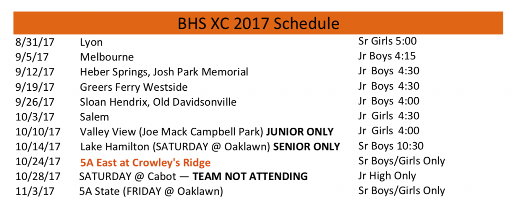 2017 BHS Pioneers XC schedule
