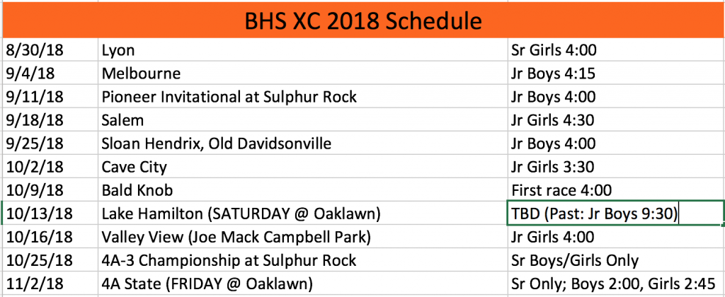 2018 BHS Pioneers XC schedule